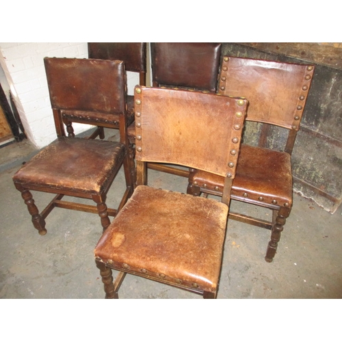 5 Oak and leather dining chairs, all with good joints just age-related marks