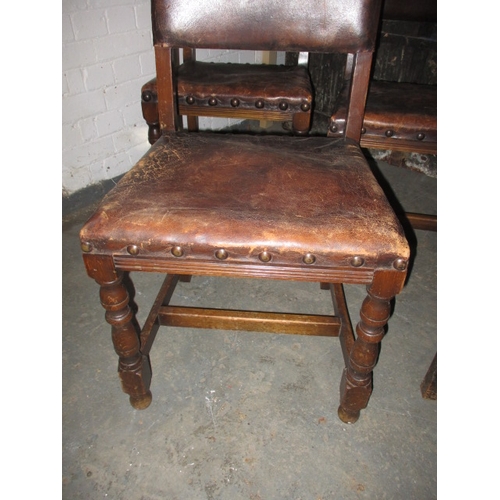 97 - 5 Oak and leather dining chairs, all with good joints just age-related marks