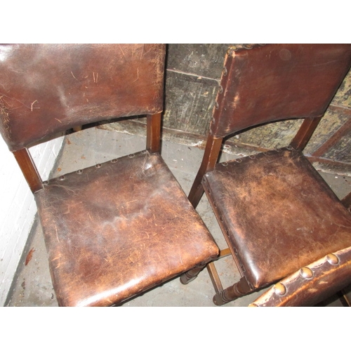 97 - 5 Oak and leather dining chairs, all with good joints just age-related marks