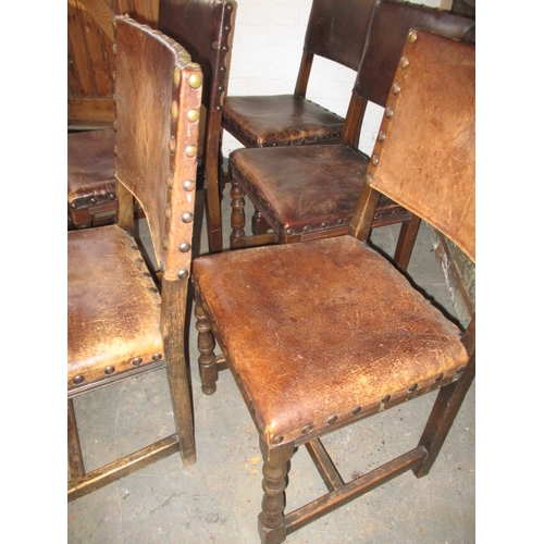 97 - 5 Oak and leather dining chairs, all with good joints just age-related marks