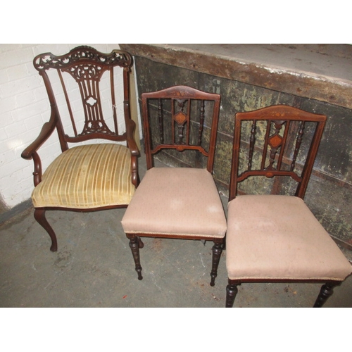 98 - A pair of Edwardian parlour chairs and vintage armchair, all in good used condition but would benefi... 