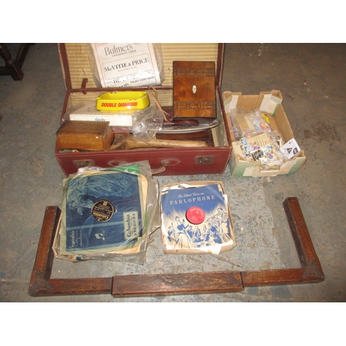 99 - A parcel of general clearance items, to include decorative boxes, stamps, records and a fire curb, a... 