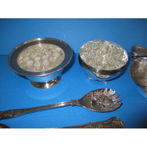 108 - A parcel of plated items, to include berry spoons and a sugar bucket, all in used condition