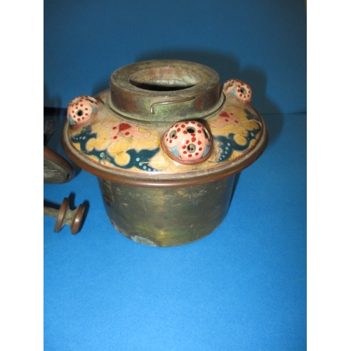 128 - A late 19th century oil lamp body with Duplex twin burner, having a floral design ceramic and brass ... 