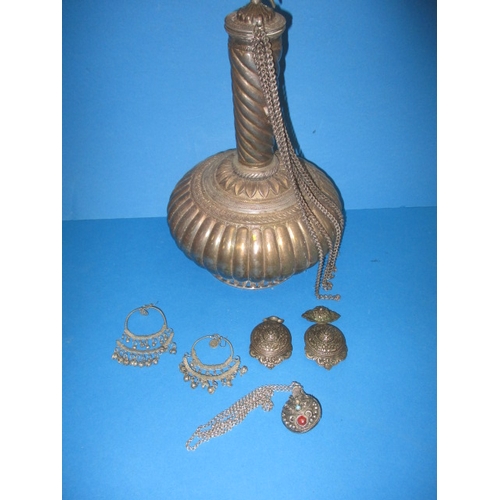 A parcel of vintage Persian white metal items, to include a large gaud shape drinks vessel and a pair of earrings, all in used condition
