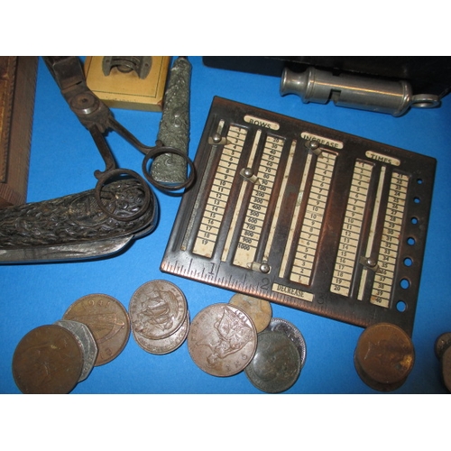 135 - A parcel of collectable items to include test meters, a corkscrew and coins, all in used condition