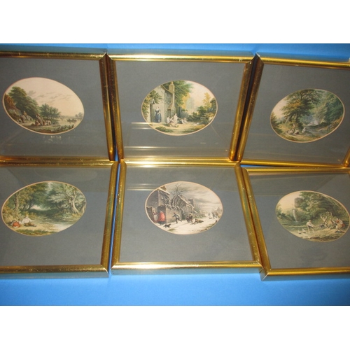 143 - Six gilt framed pictures with oval mounts, approx. frame size 29x27cm, in used condition