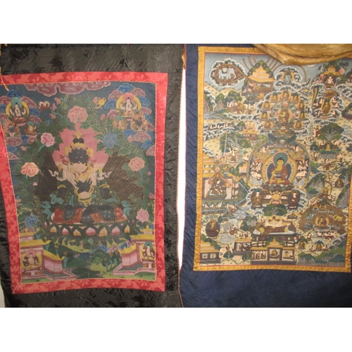 144 - Two vintage Burmese silk wall hangings, approx. image size 62x85cm, both in used condition with age-... 