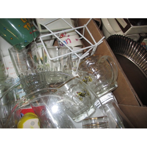 153 - 3 boxes of general clearance items, to include 1960’s beer tankards, silver plated items and tea war... 