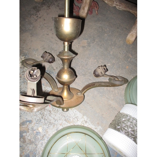 157 - A mid 20th century 3 branch ceiling light with 2 sets of period glass shades, no observed damage to ... 