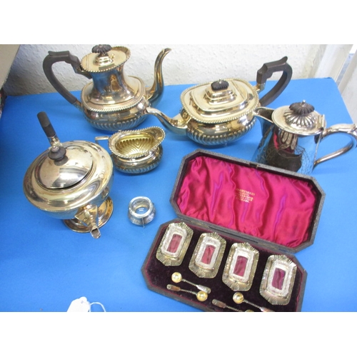 162 - A parcel of plated items, to include a Mappin & Webb 3 piece tea set and a boxed set of salts, all i... 