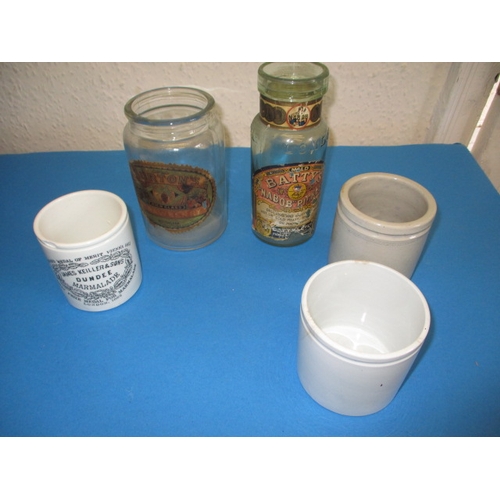 167 - Two vintage glass jars and 3 stoneware preserve pots, general use-related marks