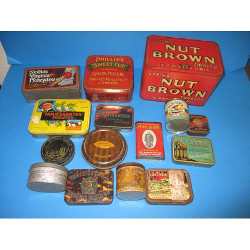 339 - A parcel of antique and later tobacco tins, to include a large Adkins nut brown and an Ogdens coolie... 