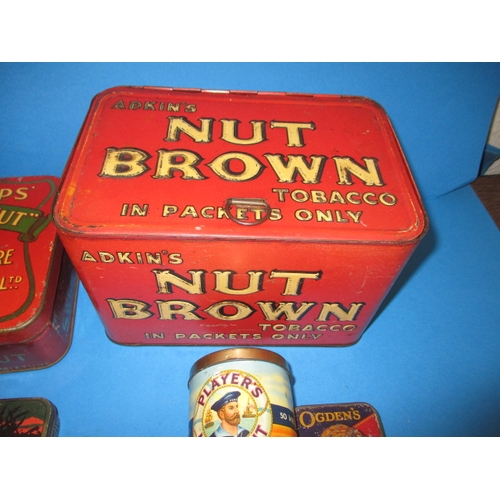 339 - A parcel of antique and later tobacco tins, to include a large Adkins nut brown and an Ogdens coolie... 