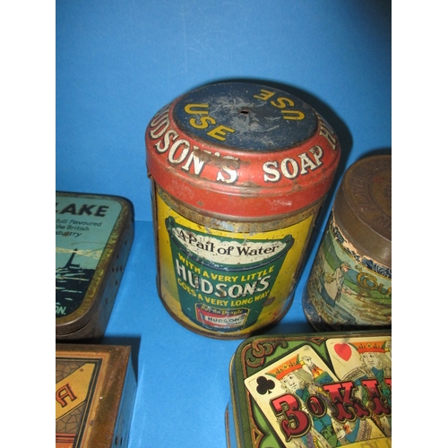 344 - A parcel of vintage tins, mostly tobacco but includes a very good Hudsons Soap string tin, all in us... 