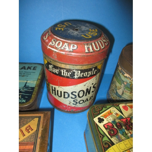 344 - A parcel of vintage tins, mostly tobacco but includes a very good Hudsons Soap string tin, all in us... 