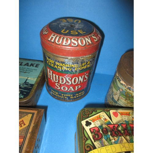 344 - A parcel of vintage tins, mostly tobacco but includes a very good Hudsons Soap string tin, all in us... 