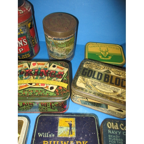 344 - A parcel of vintage tins, mostly tobacco but includes a very good Hudsons Soap string tin, all in us... 