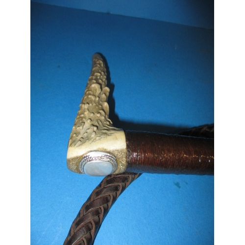 343 - Two vintage horse whips, one with a horn handle, both in good used condition