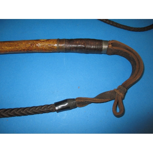 343 - Two vintage horse whips, one with a horn handle, both in good used condition