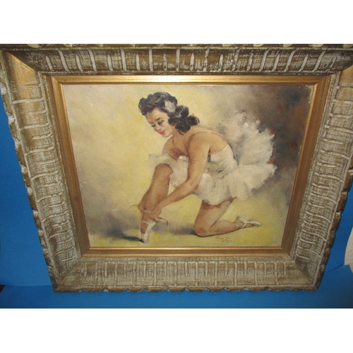 291 - A vintage oil on canvas portrait of a ballet dancer, signed lower right, approx. image size 45x37cm,... 