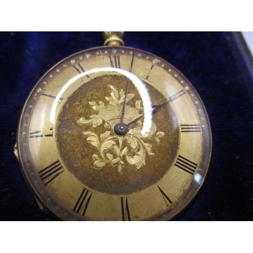 132 - A continental 18ct gold cased open face watch, runs when wound, in fitted box, having general use-re... 