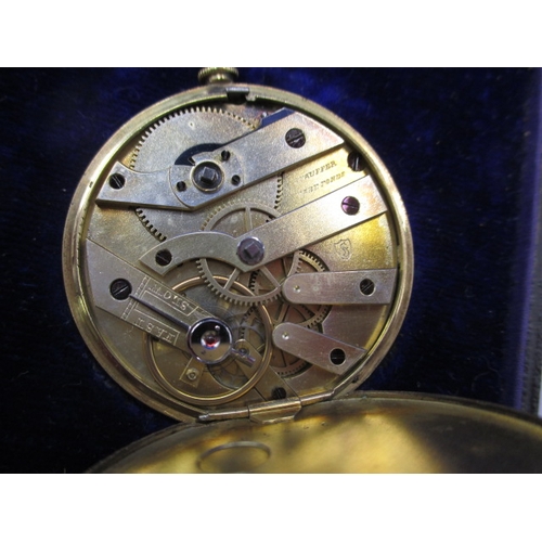 132 - A continental 18ct gold cased open face watch, runs when wound, in fitted box, having general use-re... 