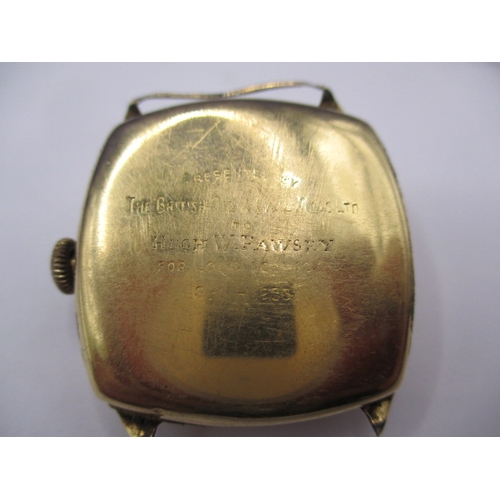 134 - A 1930s 18ct gold cased wrist watch, in well used condition, still runs when wound, no strap and gen... 