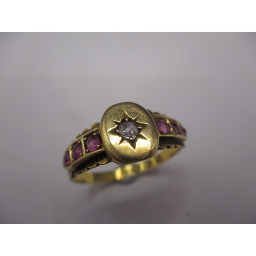 6 - A vintage 18ct yellow gold ring with central diamond and rubies to shoulders, approx. ring size ‘M’,... 