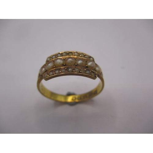 9 - An antique 15ct yellow gold ring, set with 3 rows of various size pearls, approx. ring size ‘P’, app... 