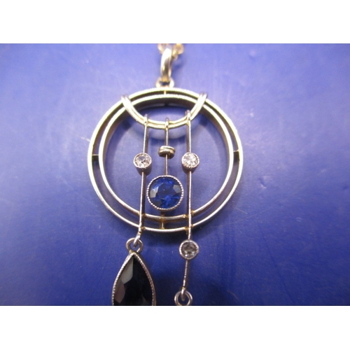 96 - An unmarked gold and possibly platinum art deco diamond and sapphire necklace pendant, in good pre-o... 