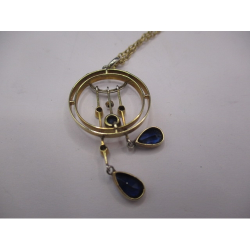 96 - An unmarked gold and possibly platinum art deco diamond and sapphire necklace pendant, in good pre-o... 