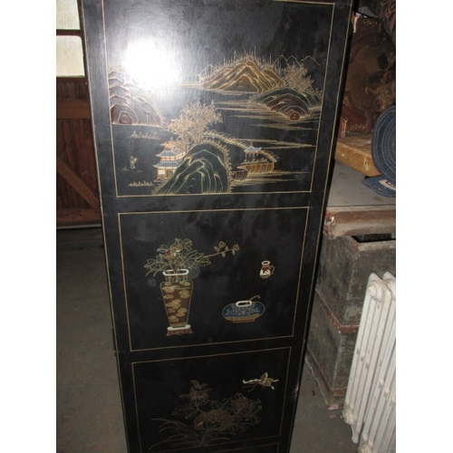 316 - An ebonised oriental style inlaid cupboard, with twin drawer lower section under shelved section, ap... 