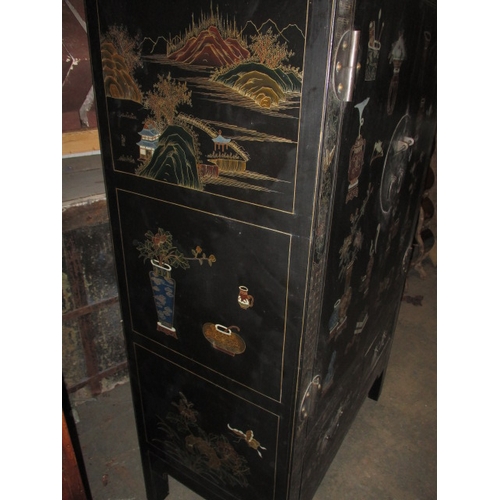 316 - An ebonised oriental style inlaid cupboard, with twin drawer lower section under shelved section, ap... 