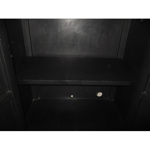 316 - An ebonised oriental style inlaid cupboard, with twin drawer lower section under shelved section, ap... 