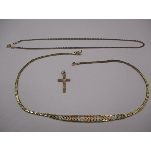 101 - Two 9ct gold necklaces and a 9ct gold cross pendant, approx. linear length of each 40cm, approx. cro... 