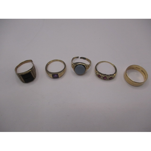 67 - Five 9ct yellow gold dress rings, approx. gross parcel weight 14.7g, some with damage so sold as scr... 