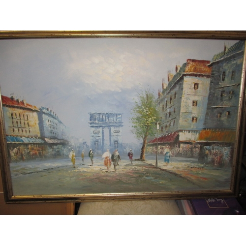 297 - An oil on board, Parisian street scene signed lower right Burnett, approx. image size 90x60cm, in go... 