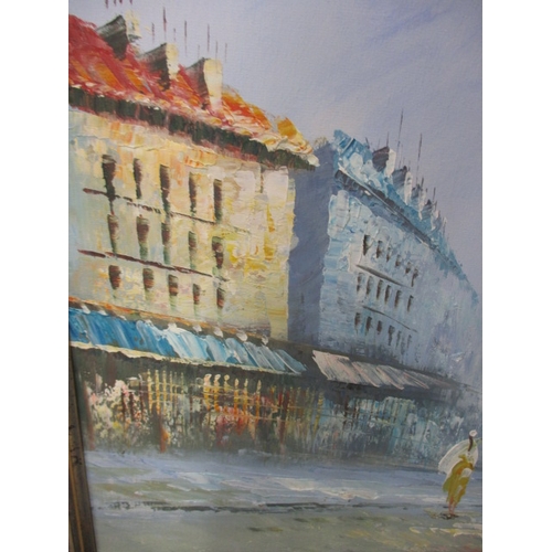 297 - An oil on board, Parisian street scene signed lower right Burnett, approx. image size 90x60cm, in go... 