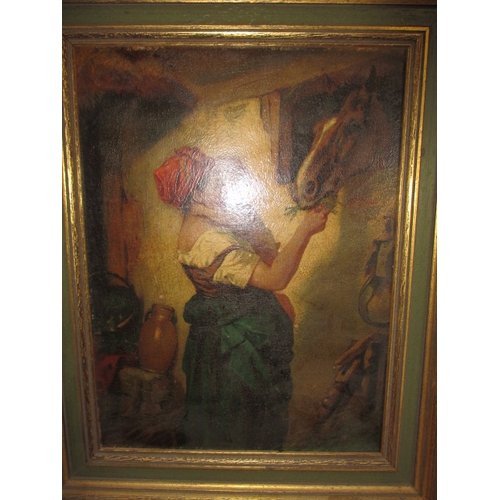 292 - A vintage oil painting of mother and child feeding a horse, approx. image size 33x25cm unsigned and ... 