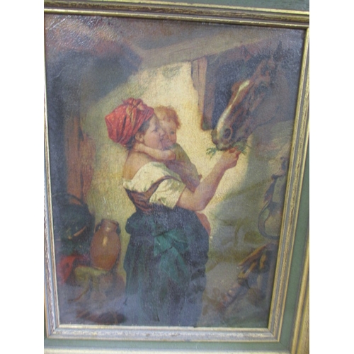 292 - A vintage oil painting of mother and child feeding a horse, approx. image size 33x25cm unsigned and ... 