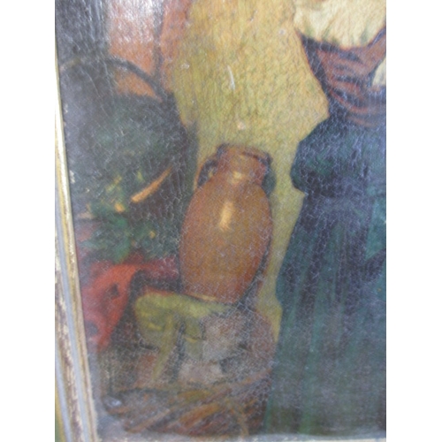 292 - A vintage oil painting of mother and child feeding a horse, approx. image size 33x25cm unsigned and ... 