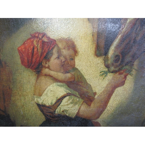 292 - A vintage oil painting of mother and child feeding a horse, approx. image size 33x25cm unsigned and ... 