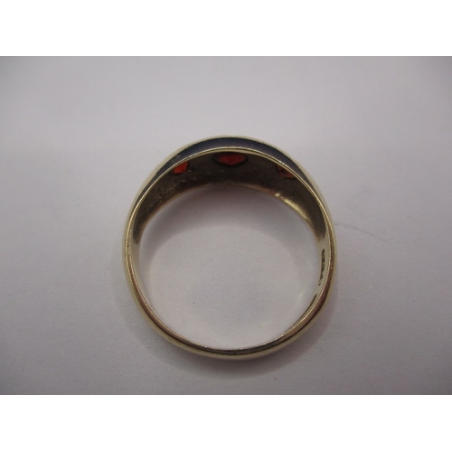 35 - A vintage yellow gold dress ring with 3 red stones, approx. ring size ‘Q+’, approx. weight 3.3g, in ... 