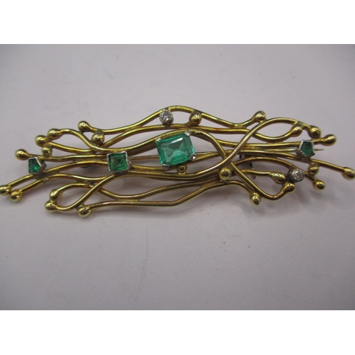 114 - An antique 18ct gold brooch set with diamonds and emeralds, approx. width 6cm approx. weight 10.5g