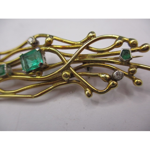 114 - An antique 18ct gold brooch set with diamonds and emeralds, approx. width 6cm approx. weight 10.5g