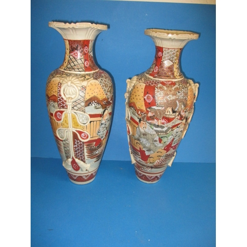 360 - A pair of vintage Satsuma vases, approx. height 48cm, one having a chunk missing from top rim with n... 