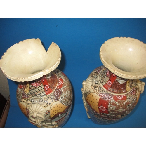 360 - A pair of vintage Satsuma vases, approx. height 48cm, one having a chunk missing from top rim with n... 