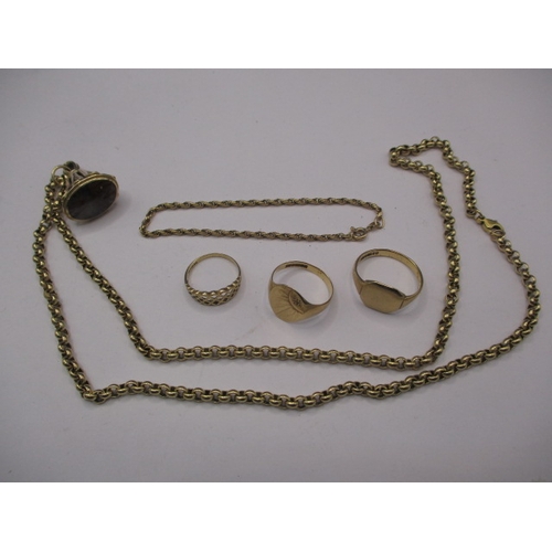 116 - A parcel of 9ct gold items, to include a 9ct belcher chain with yellow metal fob, 3 rings and a brac... 