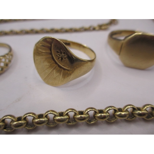 116 - A parcel of 9ct gold items, to include a 9ct belcher chain with yellow metal fob, 3 rings and a brac... 